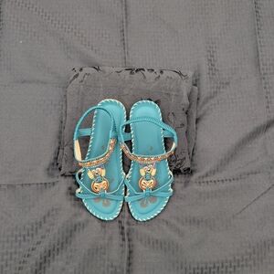 NWOT. Women's Teal Sandals with Beaded Design